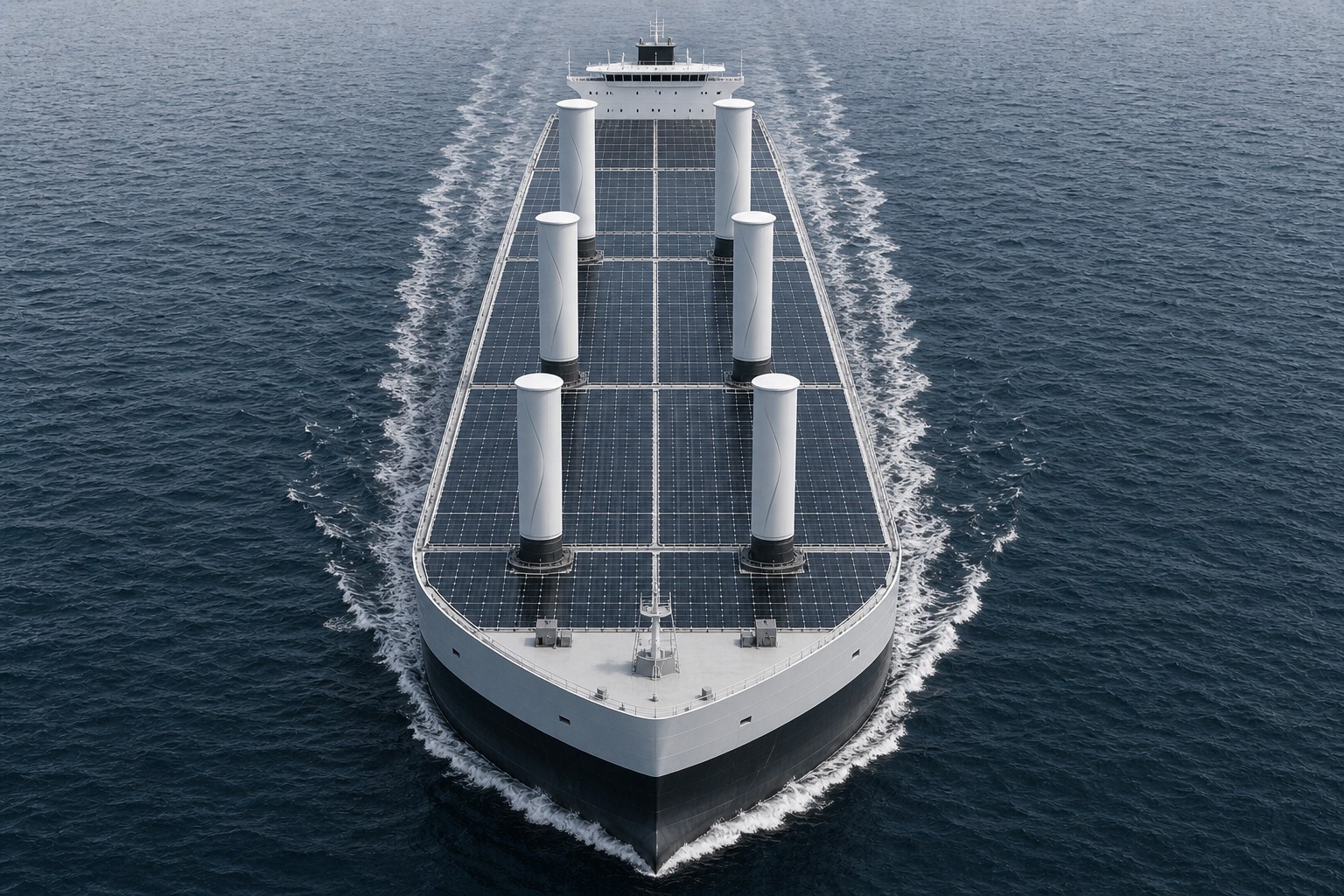 A tanker with six rotor sails in three mirrored pairs centered precisely on the ship's longitudinal axis