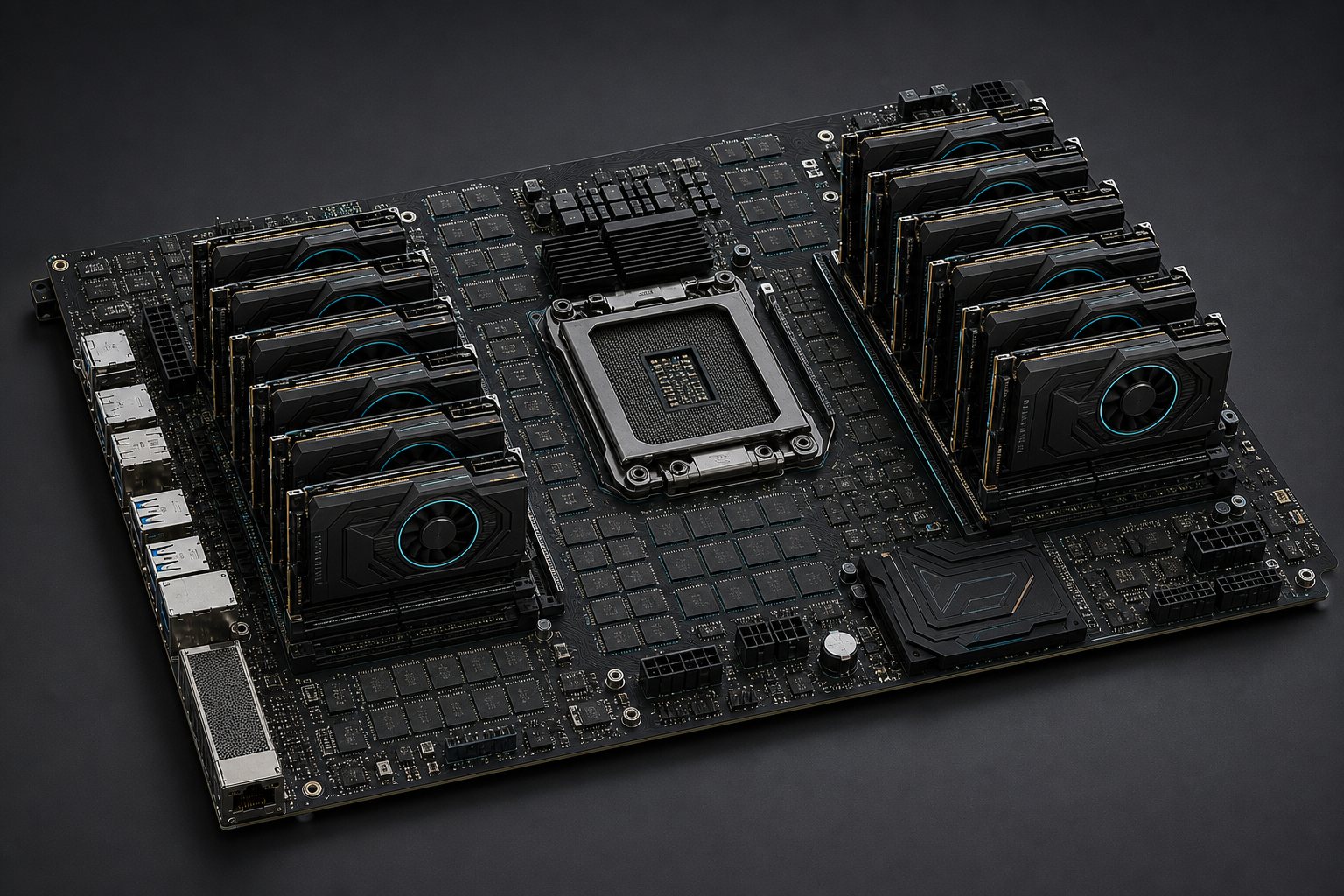 Experimental motherboard with GPU accelerator cards in DIMM-style slots and soldered memory chips