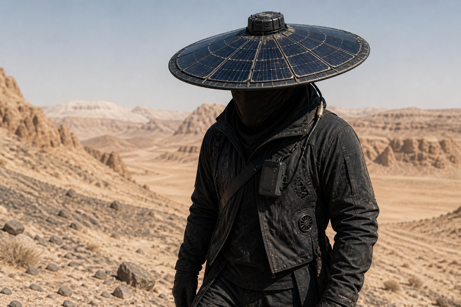Traveler in black technical clothing wearing a broad photovoltaic hat with a power module and active ventilation